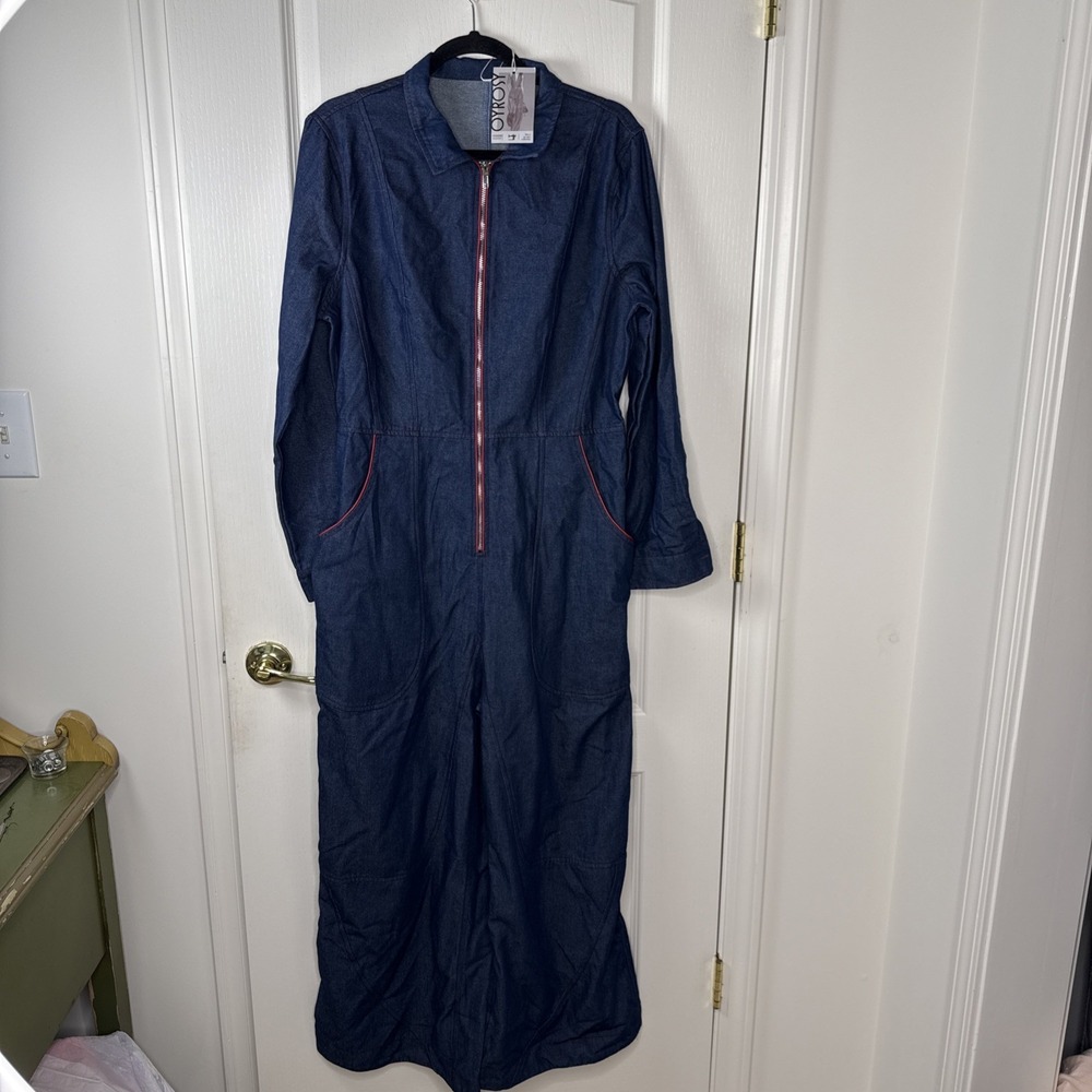 NWT Womens Oyrosy Denim Wide Leg Jumpsuit Sz L Red Stitch Zip Front Coverall